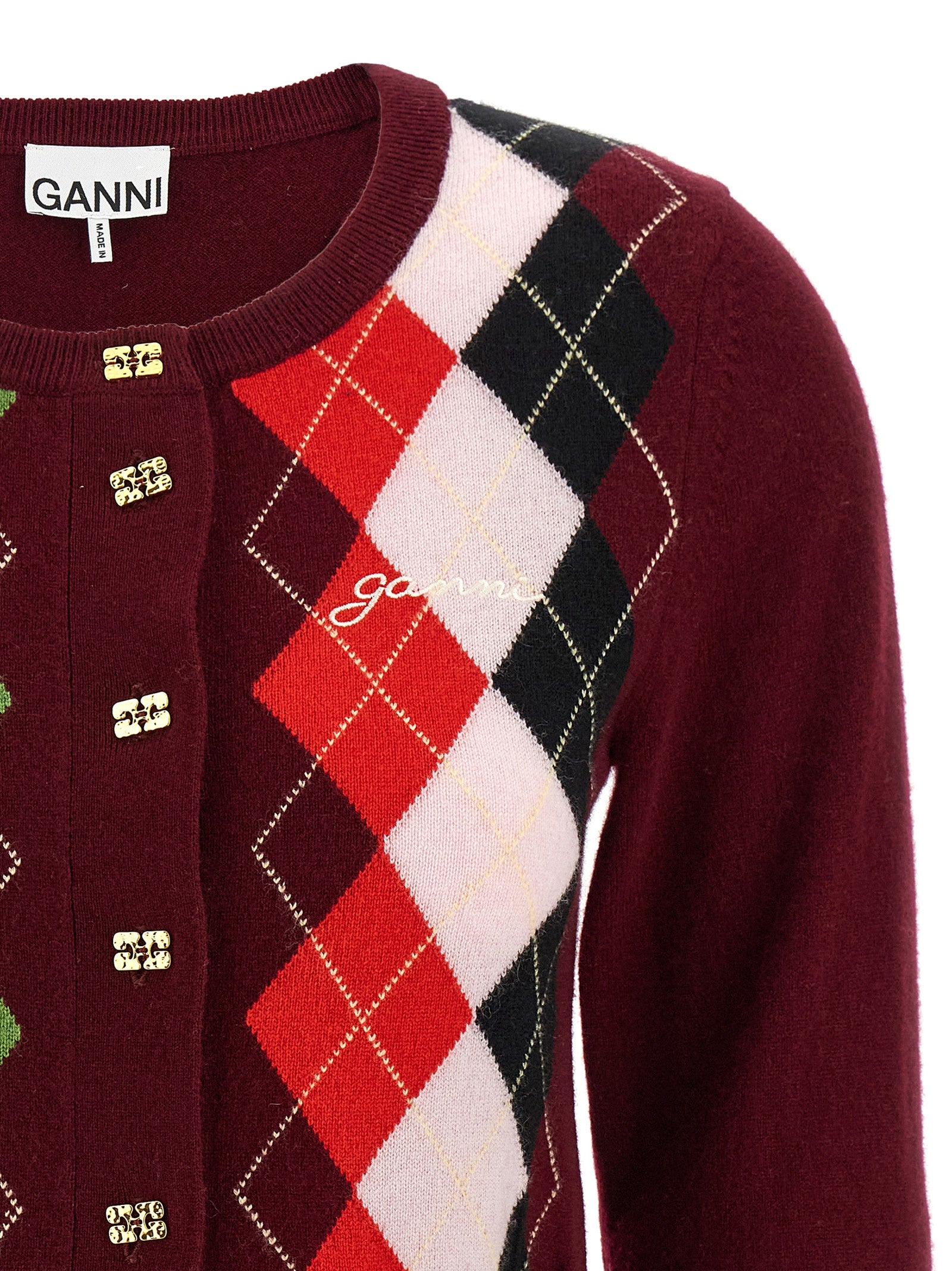 Cardigan by Ganni for women in cashmere & merino wool bordeaux, patterned & argyle features a nuanced silhouette with a refined round neckline and nuanced detailing for a sophisticated look.