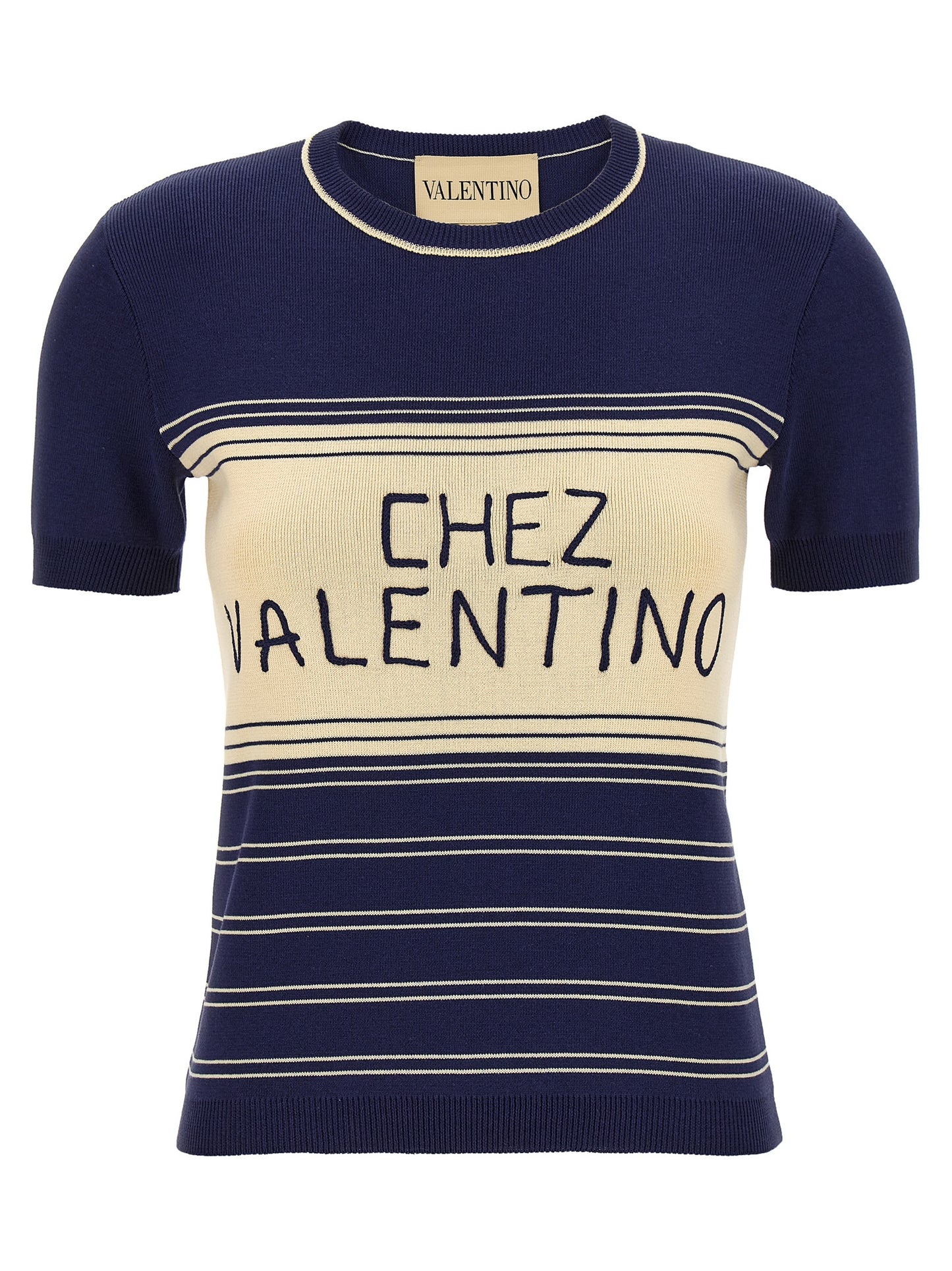 T-Shirt by Valentino Garavani for women in cotton blue, jacquard & striped showcases a dramatic silhouette, elegantly detailed with a dramatic crew neckline and short-sleeve for a truly dramatic finish.