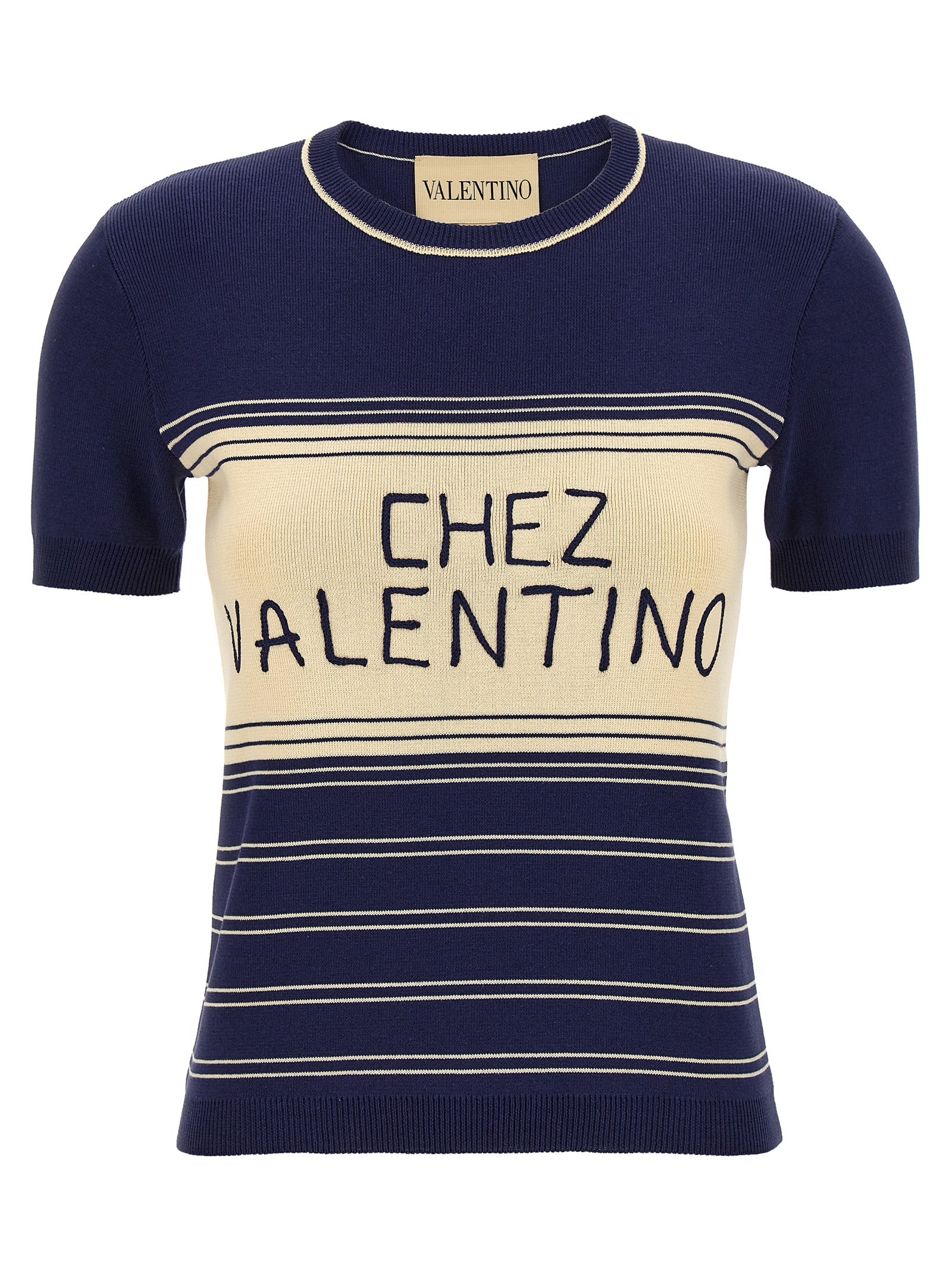 T-Shirt by Valentino Garavani for women in cotton blue, jacquard & striped showcases a dramatic silhouette, elegantly detailed with a dramatic crew neckline and short-sleeve for a truly dramatic finish.
