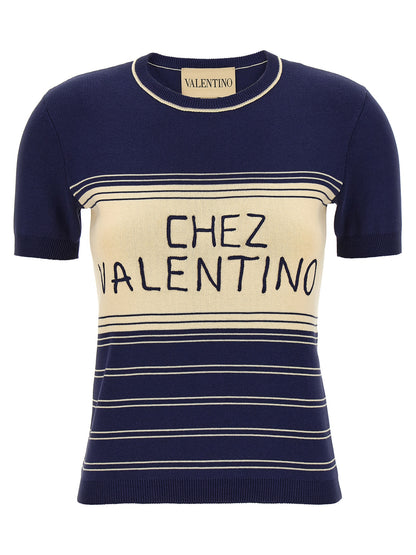 T-Shirt by Valentino Garavani for women in cotton blue, jacquard & striped showcases a dramatic silhouette, elegantly detailed with a dramatic crew neckline and short-sleeve for a truly dramatic finish.
