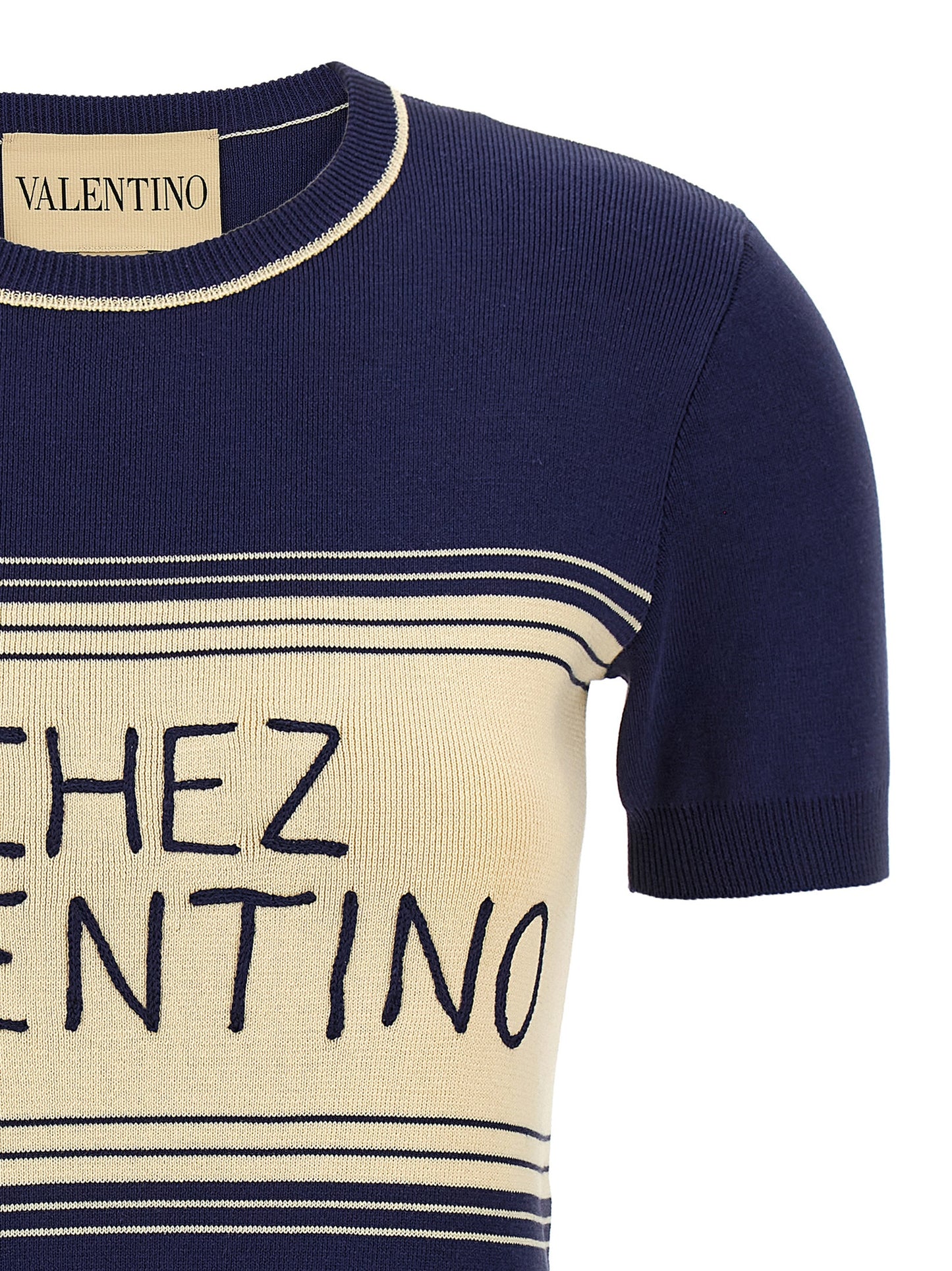 T-Shirt by Valentino Garavani for women in cotton blue, jacquard & striped showcases a chic silhouette, artfully detailed with a chic crew neckline and for a chic finish.
