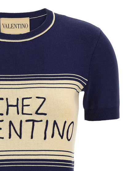T-Shirt by Valentino Garavani for women in cotton blue, jacquard & striped showcases a chic silhouette, artfully detailed with a chic crew neckline and for a chic finish.