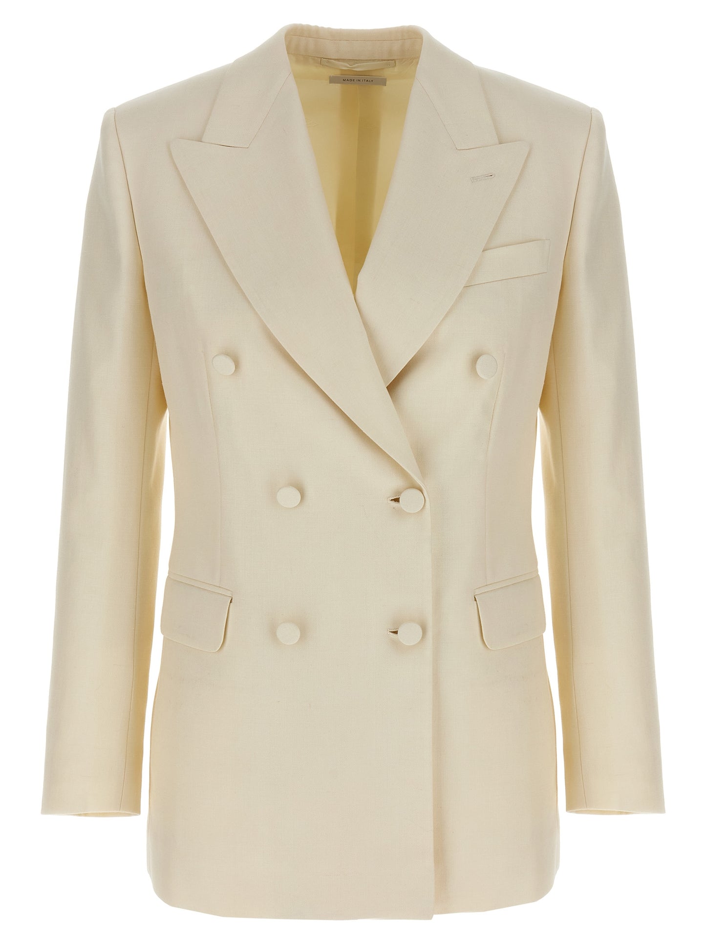 Blazer by Brioni for women in linen silk & wool white, patterned & herringbone presents a distinguished silhouette, detailed with a distinguished and distinctive for a truly sophisticated finish.
