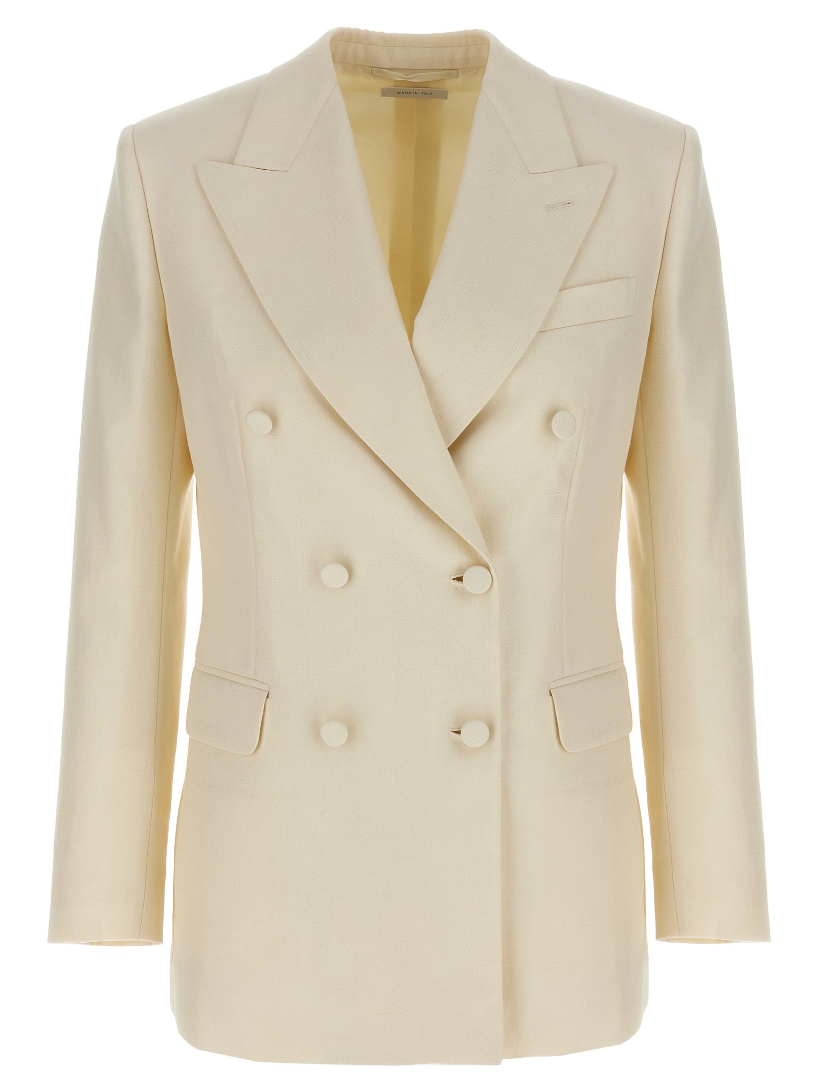 Blazer by Brioni for women in linen silk & wool white, patterned & herringbone presents a distinguished silhouette, detailed with a distinguished and distinctive for a truly sophisticated finish.
