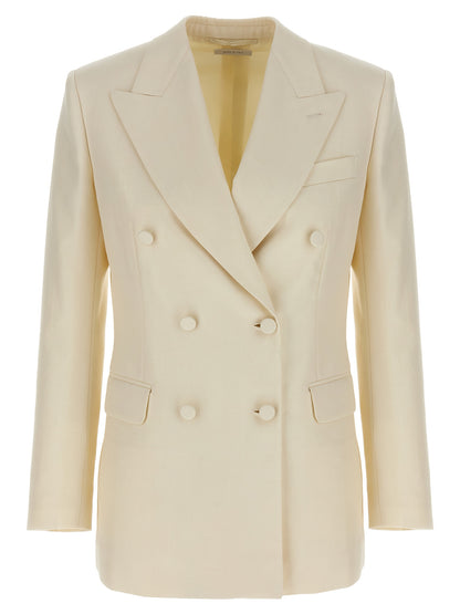 Blazer by Brioni for women in linen silk & wool white, patterned & herringbone presents a distinguished silhouette, detailed with a distinguished and distinctive for a truly sophisticated finish.