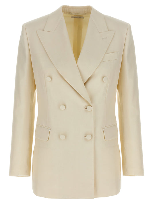 Blazer by Brioni for women in linen silk & wool white, patterned & herringbone presents a distinguished silhouette, detailed with a distinguished and distinctive for a truly sophisticated finish.
