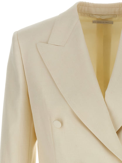 Blazer by Brioni for women in linen silk & wool white, patterned & herringbone features an sartorial silhouette, showcasing a sophisticated and sartorial for a truly sartorial finish.