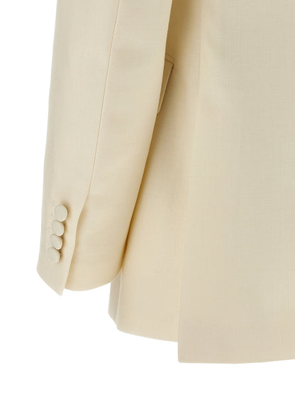 Blazer by Brioni for women in linen silk & wool white, patterned & herringbone features an crisp silhouette with sophisticated and a crisp for a truly crisp finish.