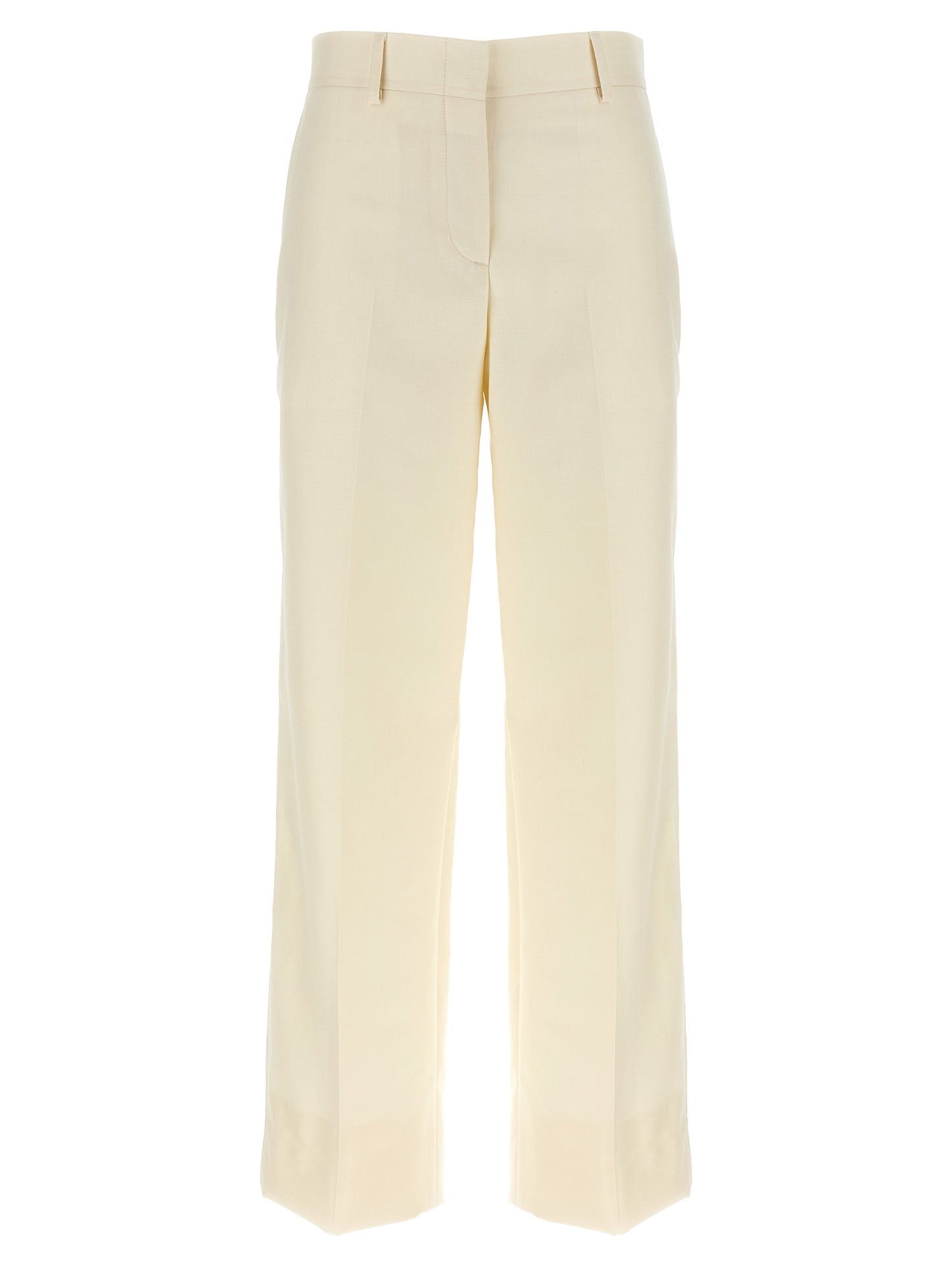 Trousers by Brioni for women in linen silk & wool white, patterned & herringbone features an on trend silhouette, showcasing a sophisticated straight-leg with a long and for an on trend finish.