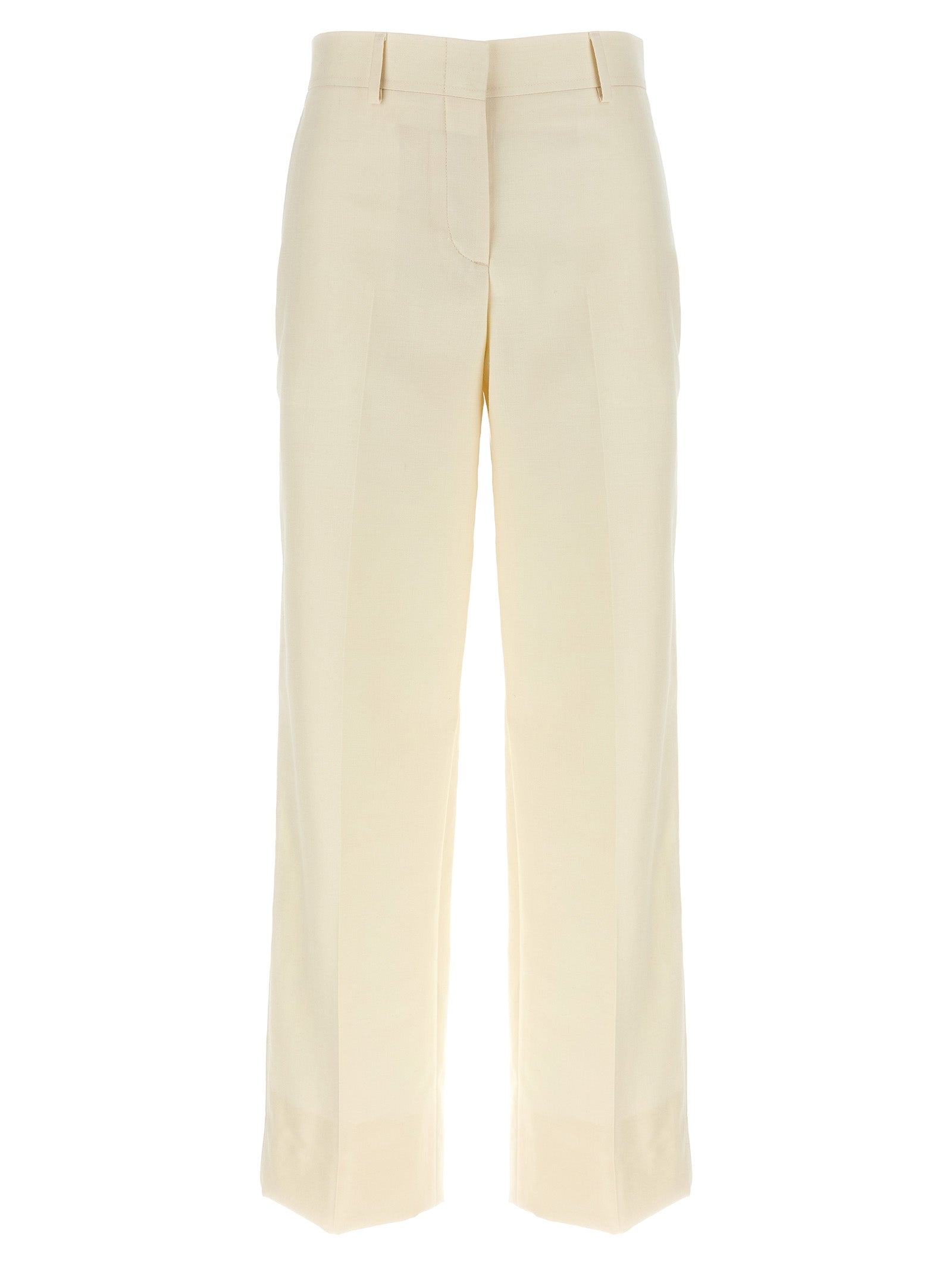 Trousers by Brioni for women in linen silk & wool white, patterned & herringbone features an on trend silhouette, showcasing a sophisticated straight-leg with a long and for an on trend finish.