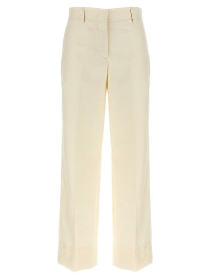 Trousers by Brioni for women in linen silk & wool white, patterned & herringbone features an on trend silhouette, showcasing a sophisticated straight-leg with a long and for an on trend finish.