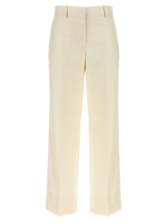 Trousers by Brioni for women in linen silk & wool white, patterned & herringbone features an on trend silhouette, showcasing a sophisticated straight-leg with a long and for an on trend finish.