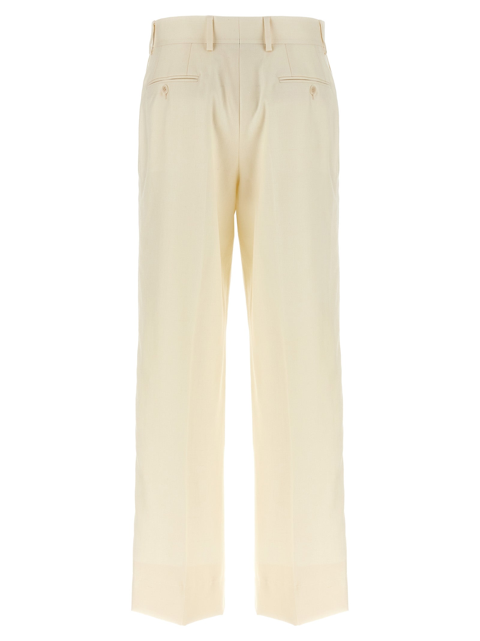 Trousers by Brioni for women in linen silk & wool white, patterned & herringbone presents a perennial silhouette, meticulously tailored with a straight-leg cut, long finish, and an elegant .