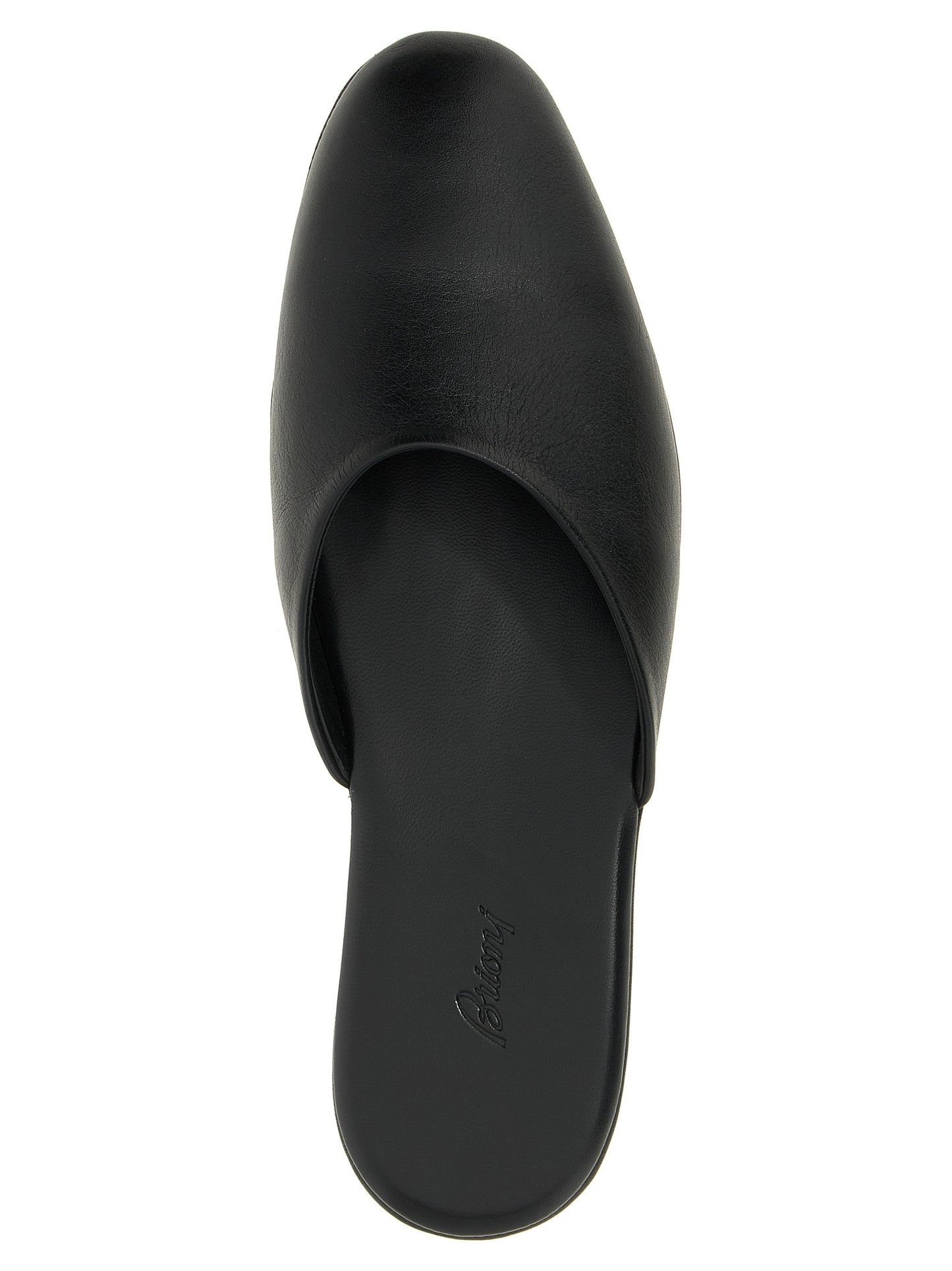 Mules Flat Shoes by Brioni for women in calfskin leather black presents a effortless chic silhouette, showcasing the Women's Calfskin Leather Mules Flat Shoes design with a effortless chic and for a sophisticated look.