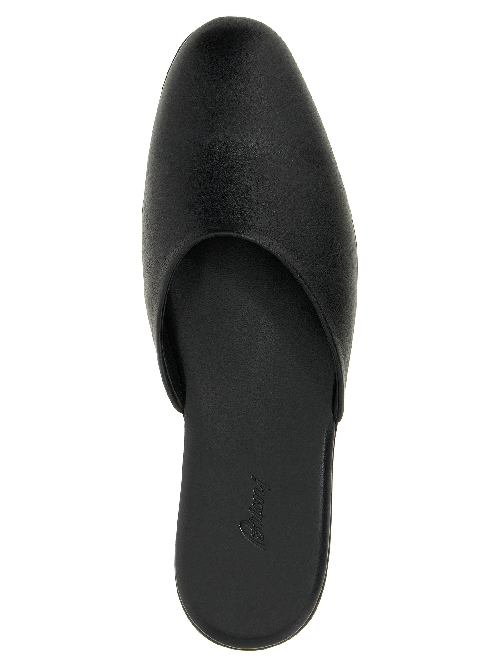 Mules Flat Shoes by Brioni for women in calfskin leather black presents a effortless chic silhouette, showcasing the Women's Calfskin Leather Mules Flat Shoes design with a effortless chic and for a sophisticated look.