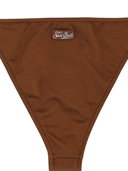 Swim Briefs by MC2 Saint Barth for women in stretch polyester brown & sand showcases a contemporary silhouette, expertly capturing the contemporary essence of the Women's Stretch Polyester Swim Briefs design with a refined and contemporary finish.