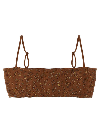 Swimwear Top by MC2 Saint Barth for women in polyester & rhinestones animal, brown & print features a resort ready silhouette, elegantly capturing the resort ready essence of the Athena Waves Women's Polyester & Rhinestones Swimwear Top design.