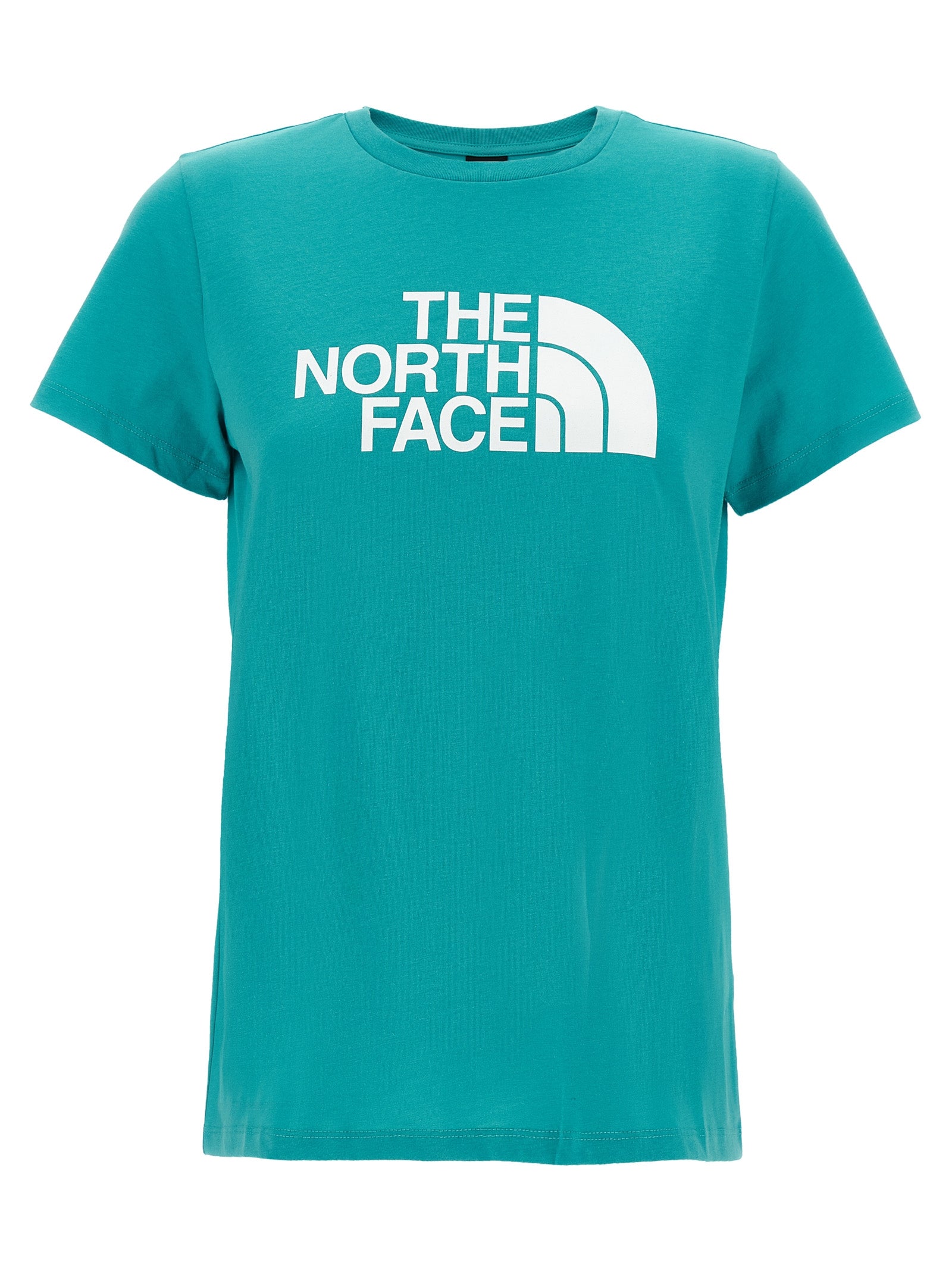 Activewear T-Shirt by The North Face for women in cotton polyester light-blue & print features a dynamic silhouette with short-sleeve and crew neckline enhanced by functional .