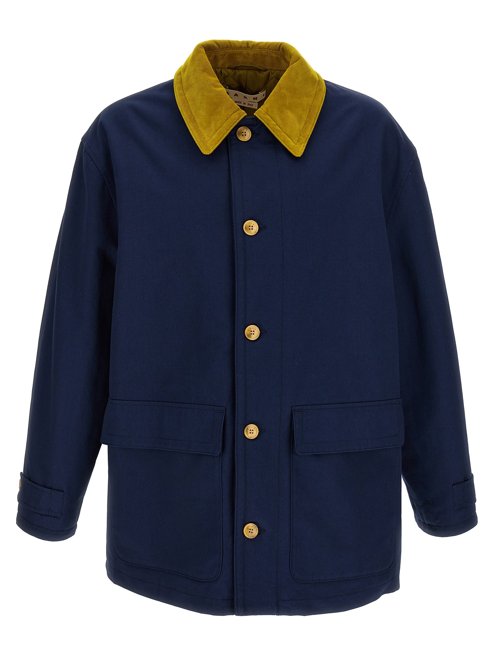 This Parka by Marni for men in cotton corduroy blue presents a utilitarian silhouette, meticulously detailed with pockets & insulated and a utilitarian for a sophisticated, weather-ready look.