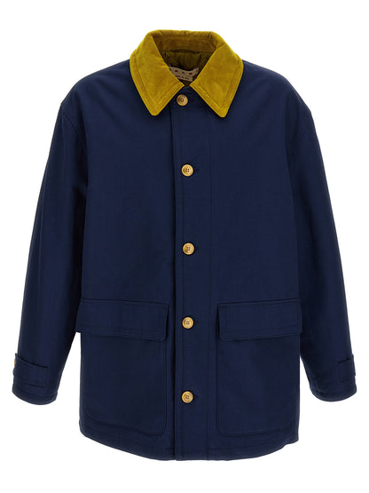 This Parka by Marni for men in cotton corduroy blue presents a utilitarian silhouette, meticulously detailed with pockets & insulated and a utilitarian for a sophisticated, weather-ready look.