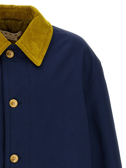 Parka by Marni for men in cotton corduroy blue presents a decadent silhouette, showcasing the decadent and functional pockets & insulated for a premium, weather-ready look.