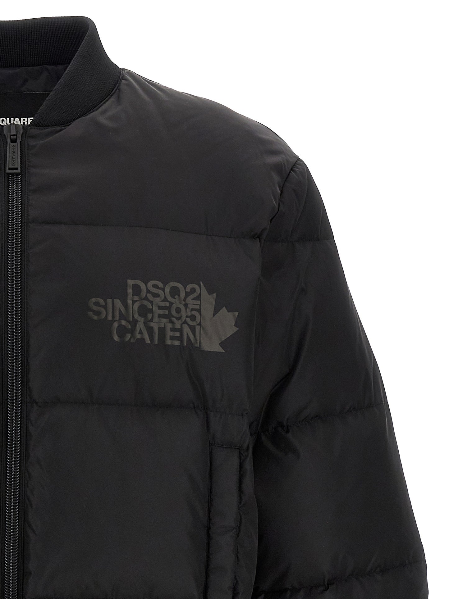 Bomber Jacket by Dsquared² for men in polyamide black & print features a dramatic silhouette, showcasing a sophisticated and distinctive insulated for a dramatic aesthetic.