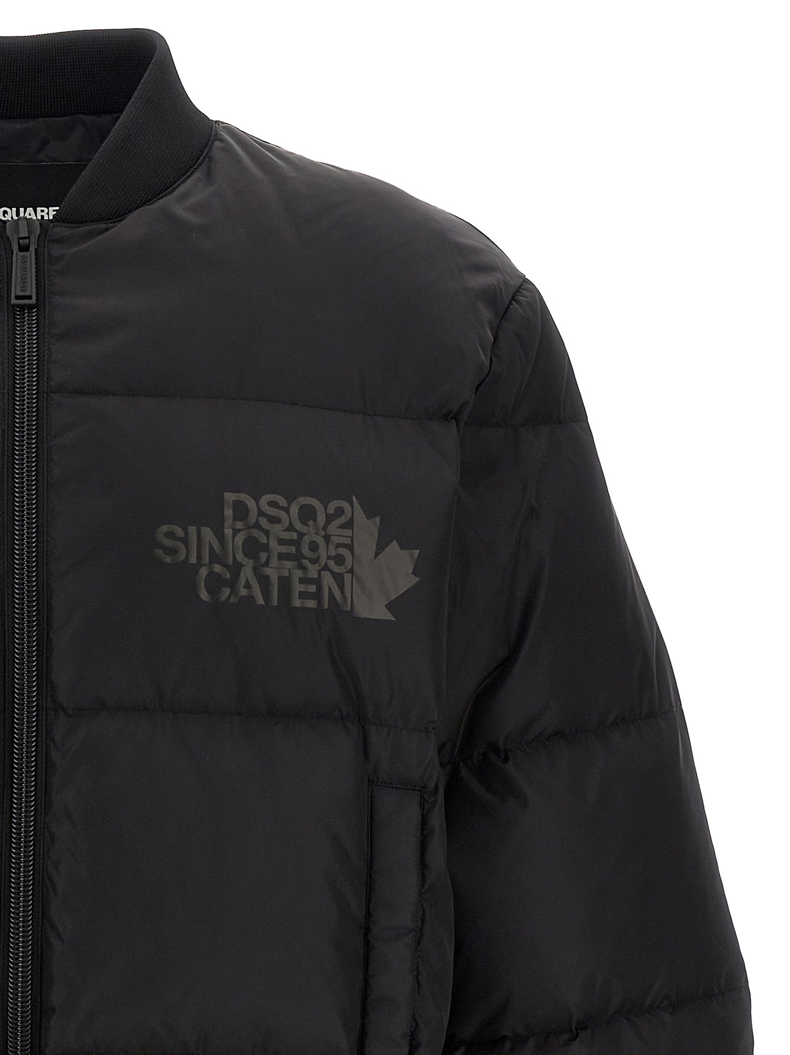 Bomber Jacket by Dsquared² for men in polyamide black & print features a dramatic silhouette, showcasing a sophisticated and distinctive insulated for a dramatic aesthetic.