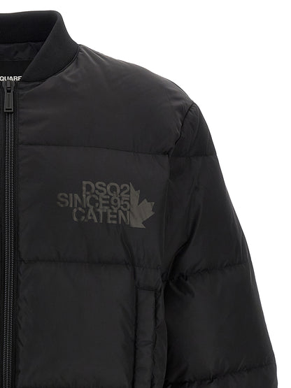 Bomber Jacket by Dsquared² for men in polyamide black & print features a dramatic silhouette, showcasing a sophisticated and distinctive insulated for a dramatic aesthetic.