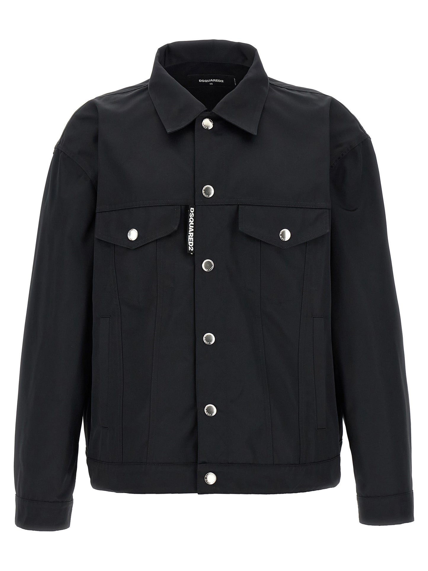 Overcoat by Dsquared² for men in polyester black features an satoral silhouette, showcasing a sophisticated and satoral pockets for a premium, timeless look.