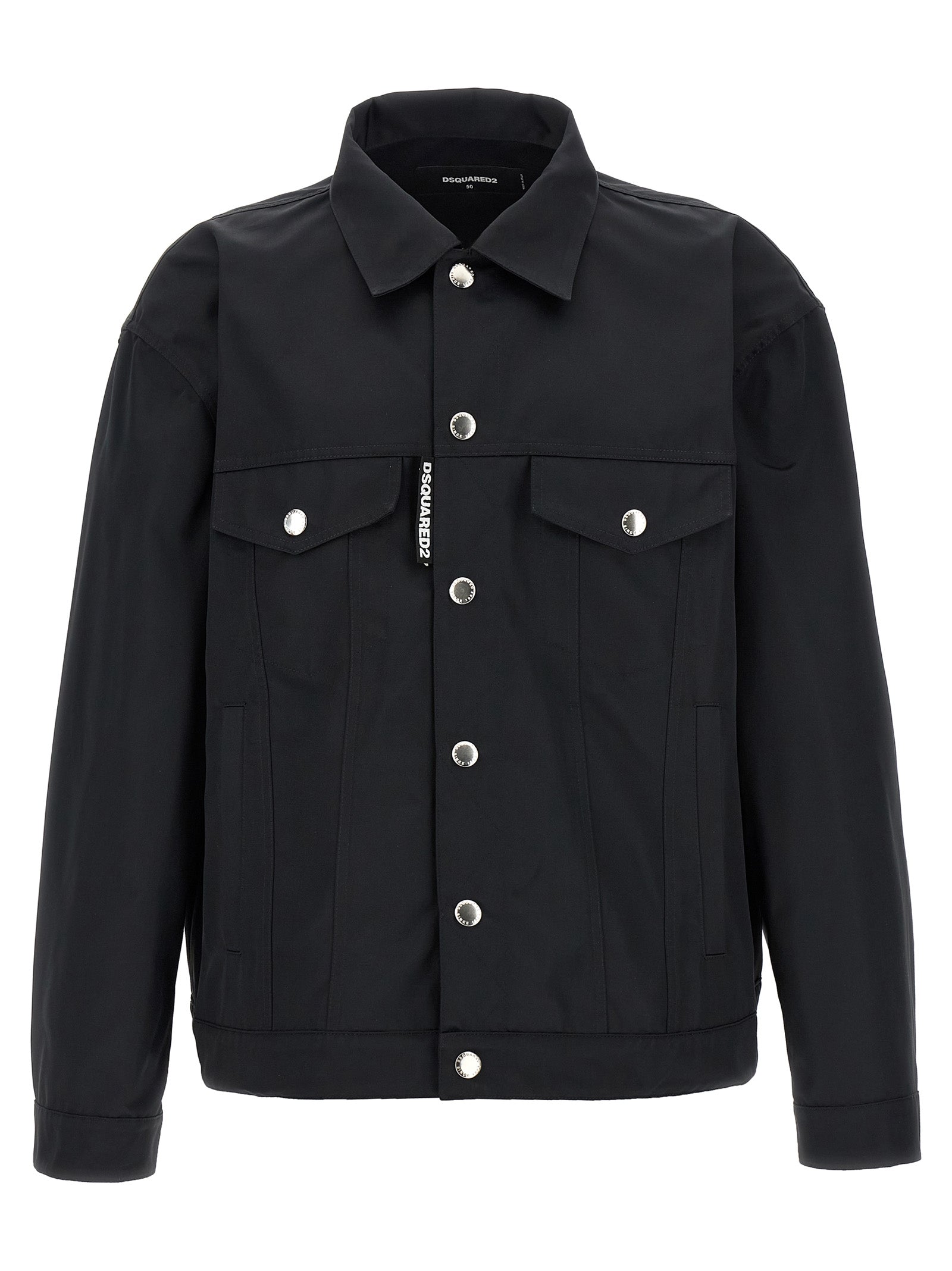 Overcoat by Dsquared² for men in polyester black features an satoral silhouette, showcasing a sophisticated and satoral pockets for a premium, timeless look.