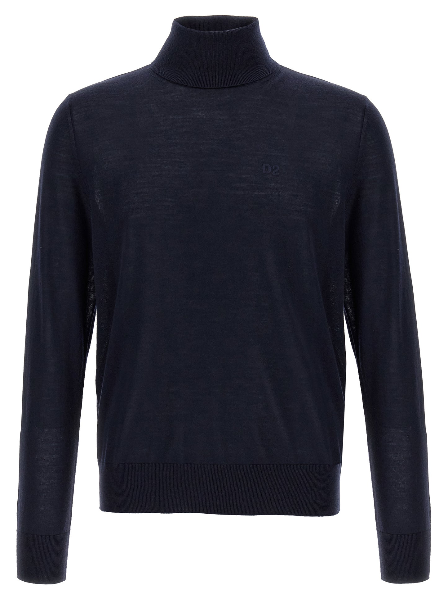 Cardigan by Dsquared² for men in virgin wool blue showcases a captivating silhouette, artfully detailed with a captivating and turtle neckline for a truly sophisticated captivating look.