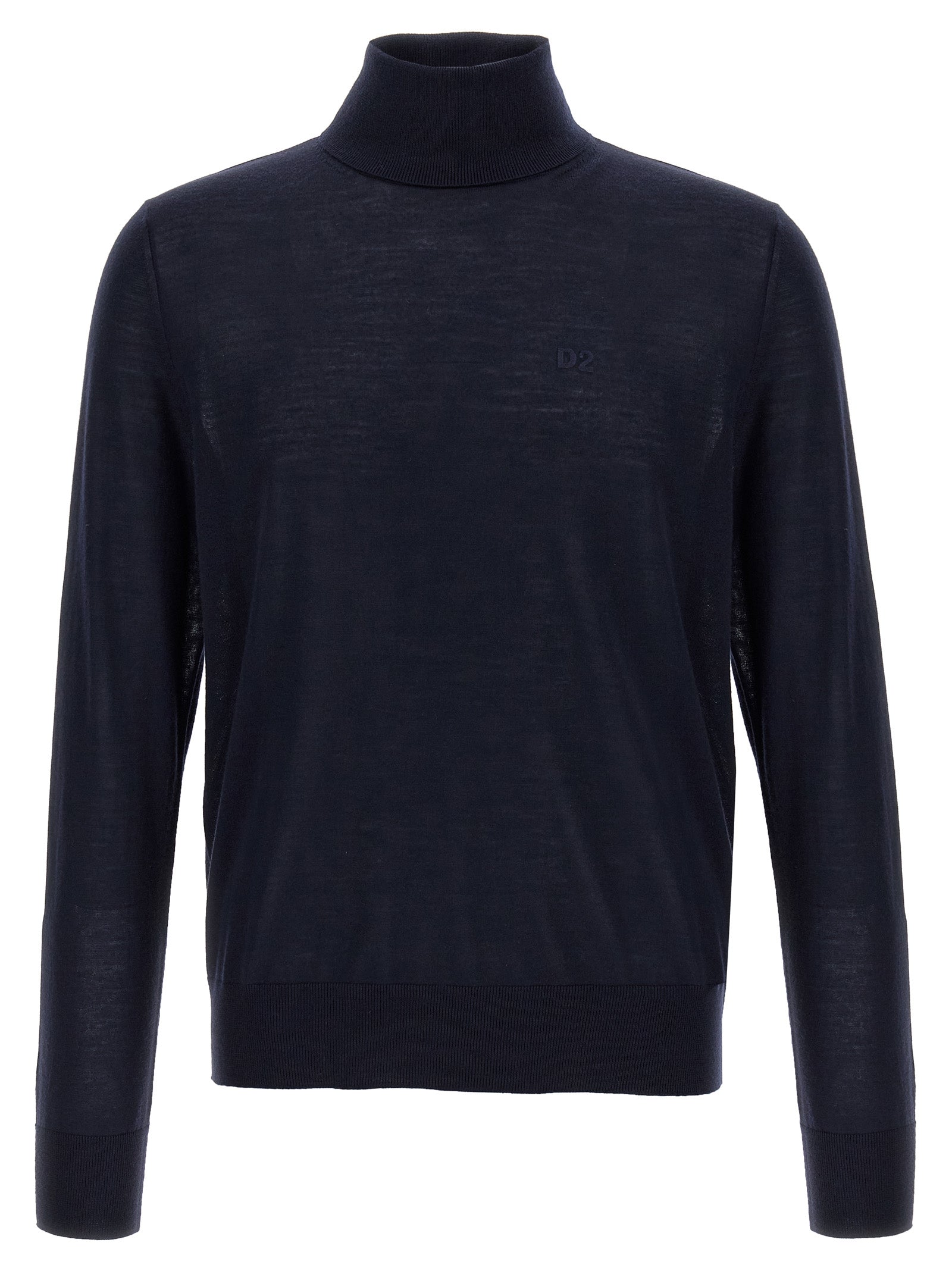 Cardigan by Dsquared² for men in virgin wool blue showcases a captivating silhouette, artfully detailed with a captivating and turtle neckline for a truly sophisticated captivating look.