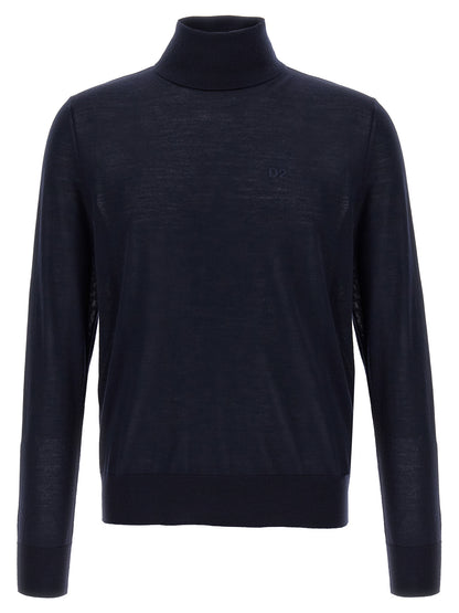 Cardigan by Dsquared² for men in virgin wool blue showcases a captivating silhouette, artfully detailed with a captivating and turtle neckline for a truly sophisticated captivating look.