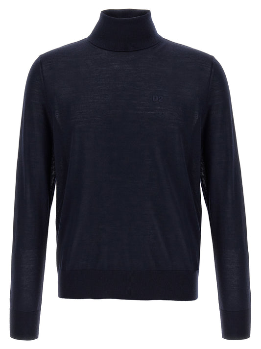 Cardigan by Dsquared² for men in virgin wool blue showcases a captivating silhouette, artfully detailed with a captivating and turtle neckline for a truly sophisticated captivating look.