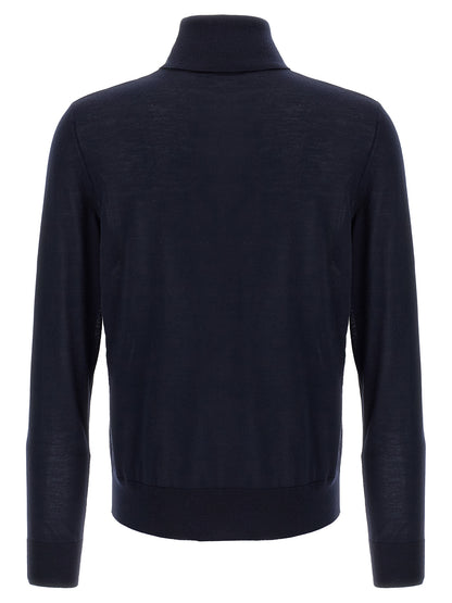 Cardigan by Dsquared² for men in virgin wool blue presents a textural silhouette, artfully finished with a textural turtle neckline and for a sophisticated, textural look.