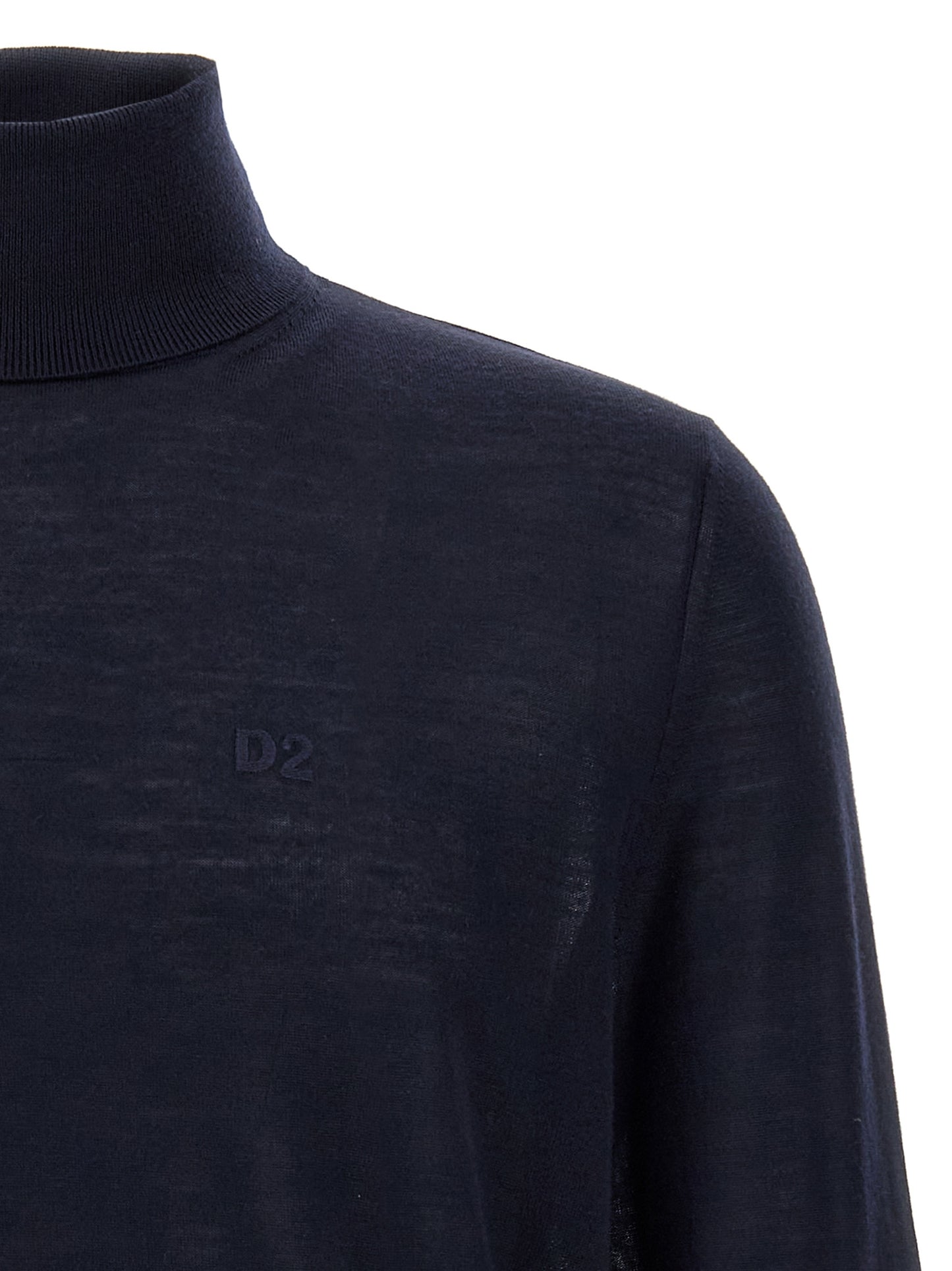 Cardigan by Dsquared² for men in virgin wool blue features a dramatic silhouette, showcasing a sophisticated turtle neckline and dramatic detail for a timeless, premium look.