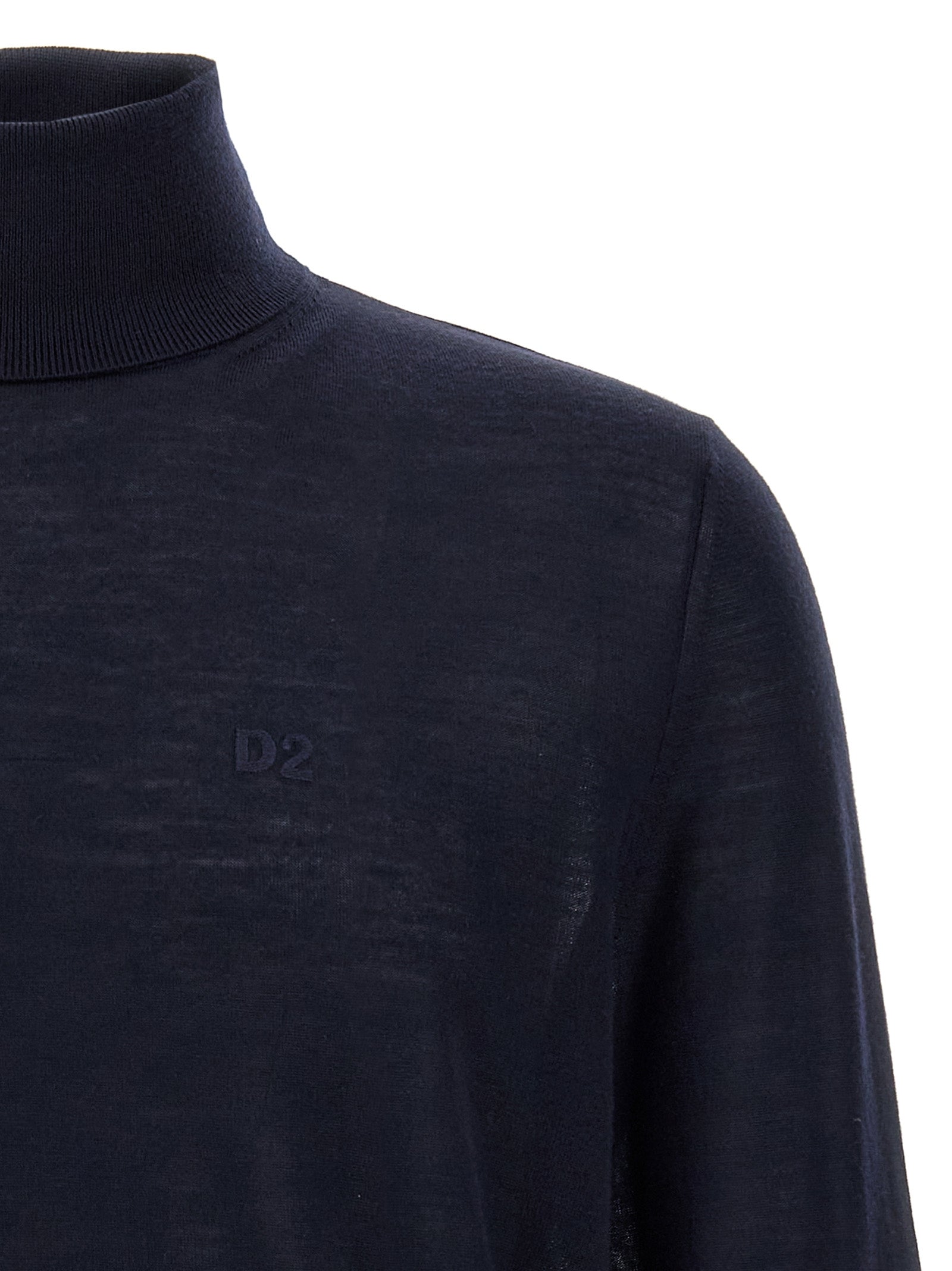 Cardigan by Dsquared² for men in virgin wool blue features a dramatic silhouette, showcasing a sophisticated turtle neckline and dramatic detail for a timeless, premium look.
