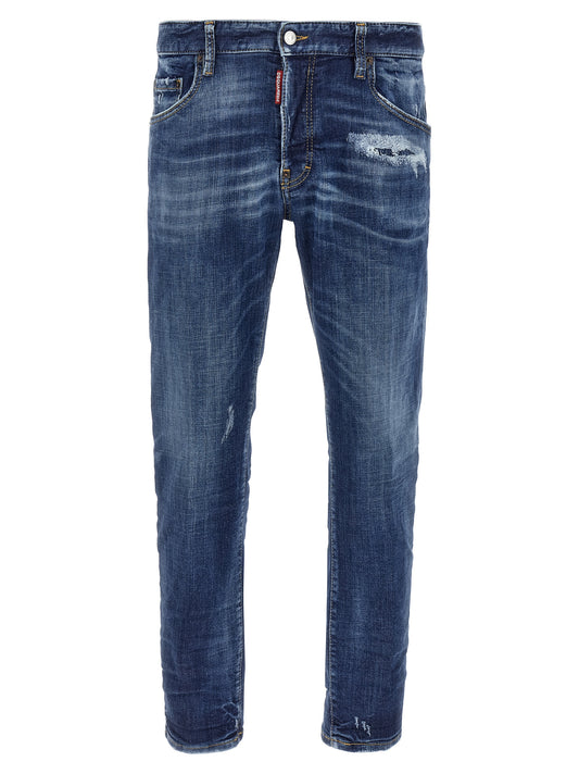 Jeans by Dsquared² for men in stretch polyester denim cotton blue presents a tailored silhouette, showcasing a tailored skinny and long cut with a refined for a truly tailored aesthetic.