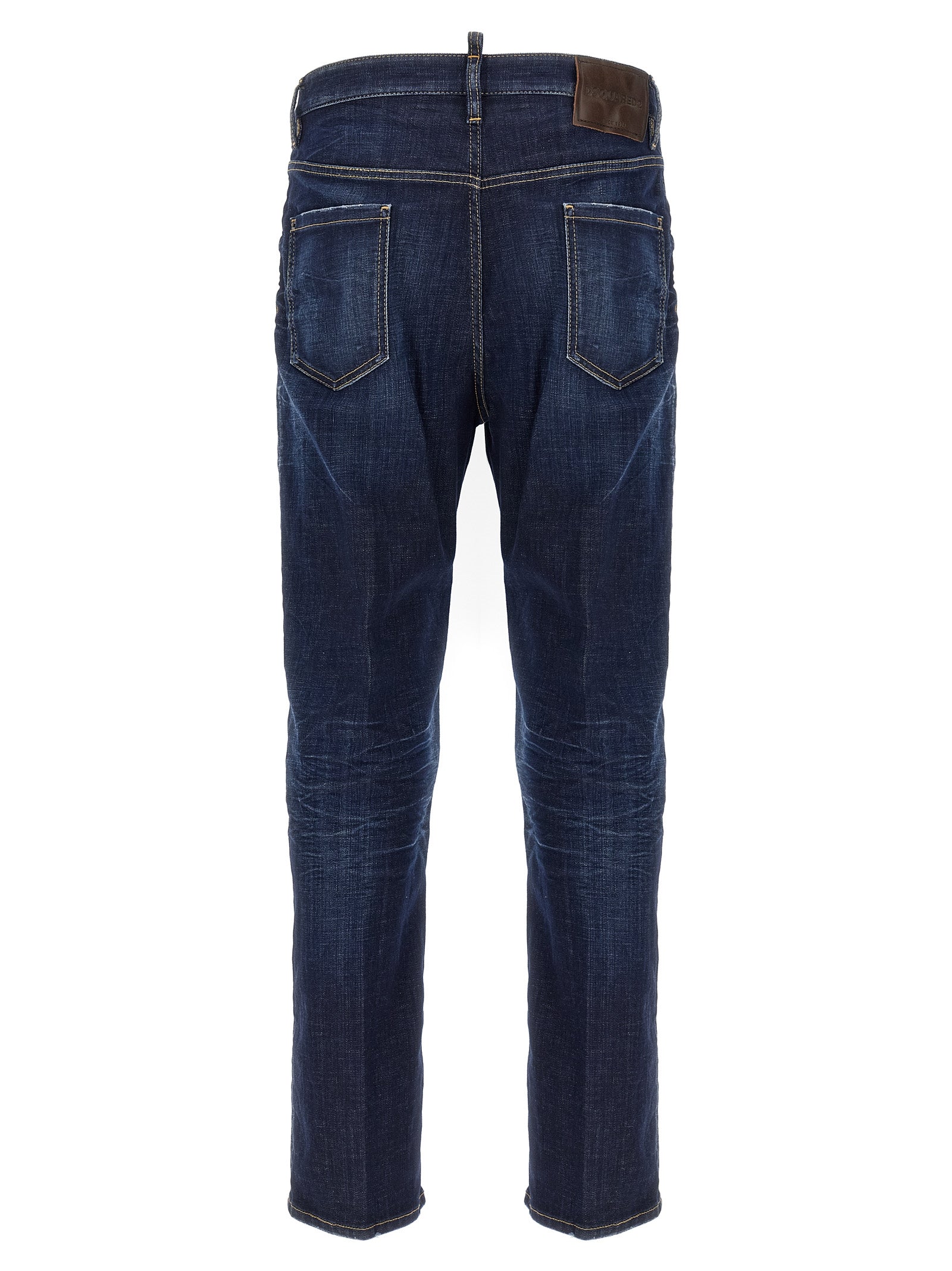 Jeans by Dsquared² for men in stretch denim cotton blue features a polished silhouette with a polished straight-leg, reaching a polished long and finished with a polished .