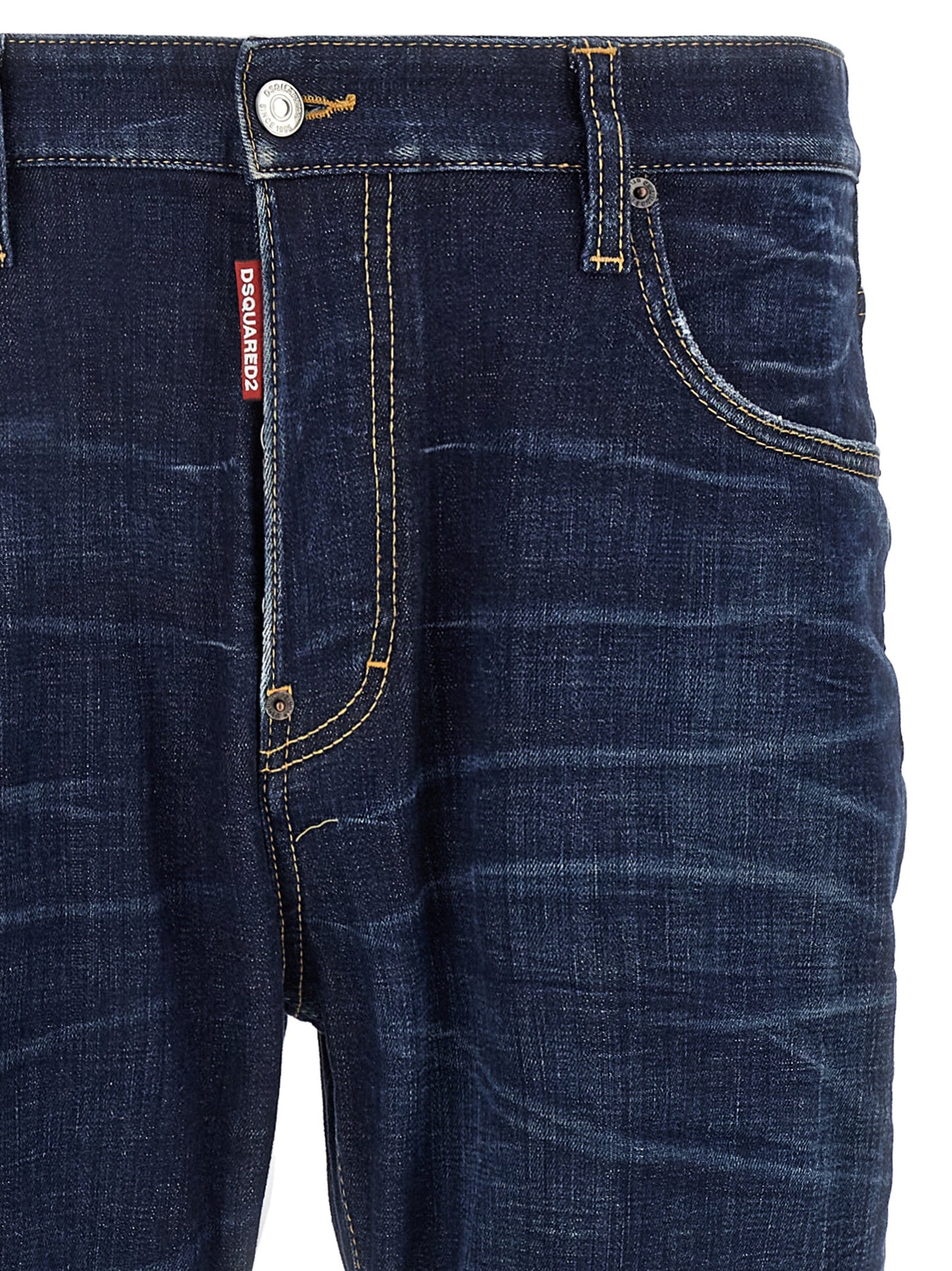 Jeans by Dsquared² for men in stretch denim cotton blue presents a tailored silhouette, showcasing a tailored straight-leg and long cut with a refined for a truly tailored aesthetic.