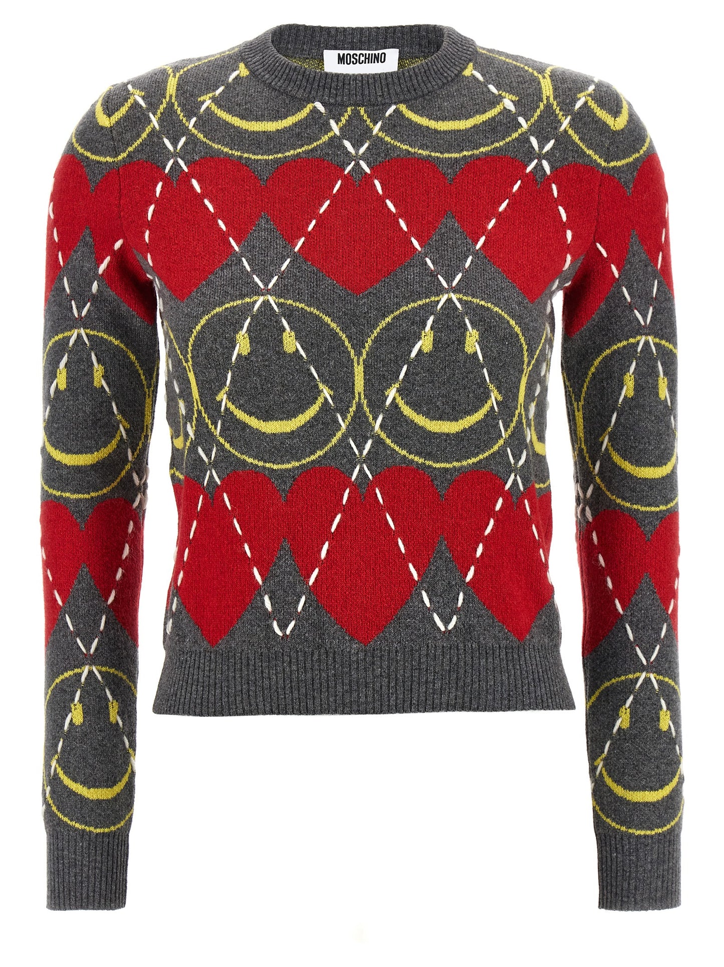 Cardigan by Moschino for women in cashmere viscose multicolor features an crisp silhouette, showcasing a sophisticated crew neckline and detail for a truly crisp finish.
