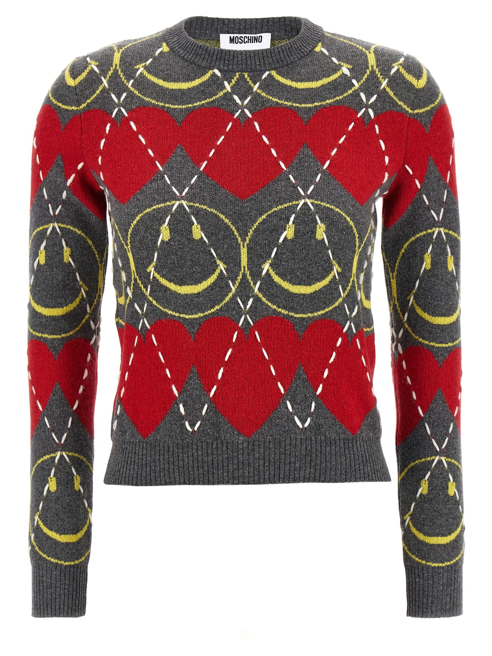 Cardigan by Moschino for women in cashmere viscose multicolor features an crisp silhouette, showcasing a sophisticated crew neckline and detail for a truly crisp finish.