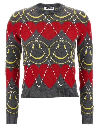 Cardigan by Moschino for women in cashmere viscose multicolor features an crisp silhouette, showcasing a sophisticated crew neckline and detail for a truly crisp finish.