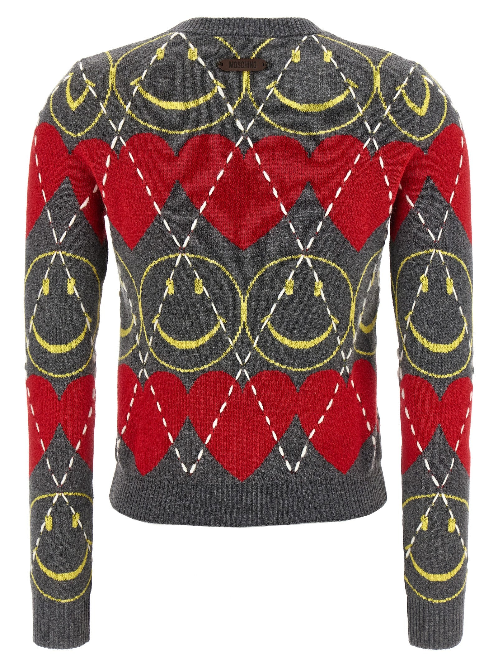 Cardigan by Moschino for women in cashmere viscose multicolor features a nuanced silhouette with a refined crew neckline and nuanced detailing for a sophisticated look.