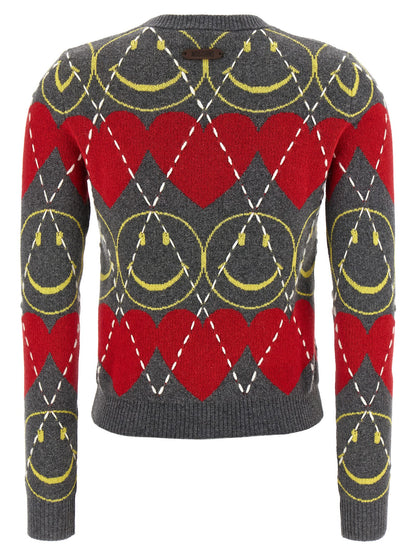 Cardigan by Moschino for women in cashmere viscose multicolor features a nuanced silhouette with a refined crew neckline and nuanced detailing for a sophisticated look.