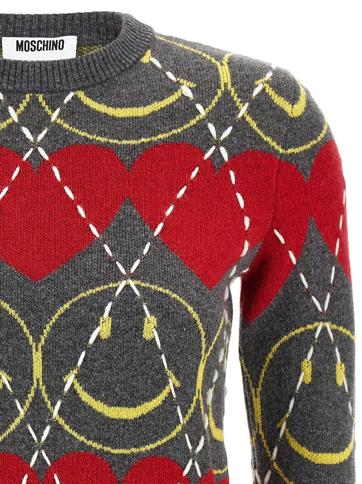 Cardigan by Moschino for women in cashmere viscose multicolor features an impeccable silhouette, showcasing a sophisticated crew neckline and detail for a truly impeccable finish.