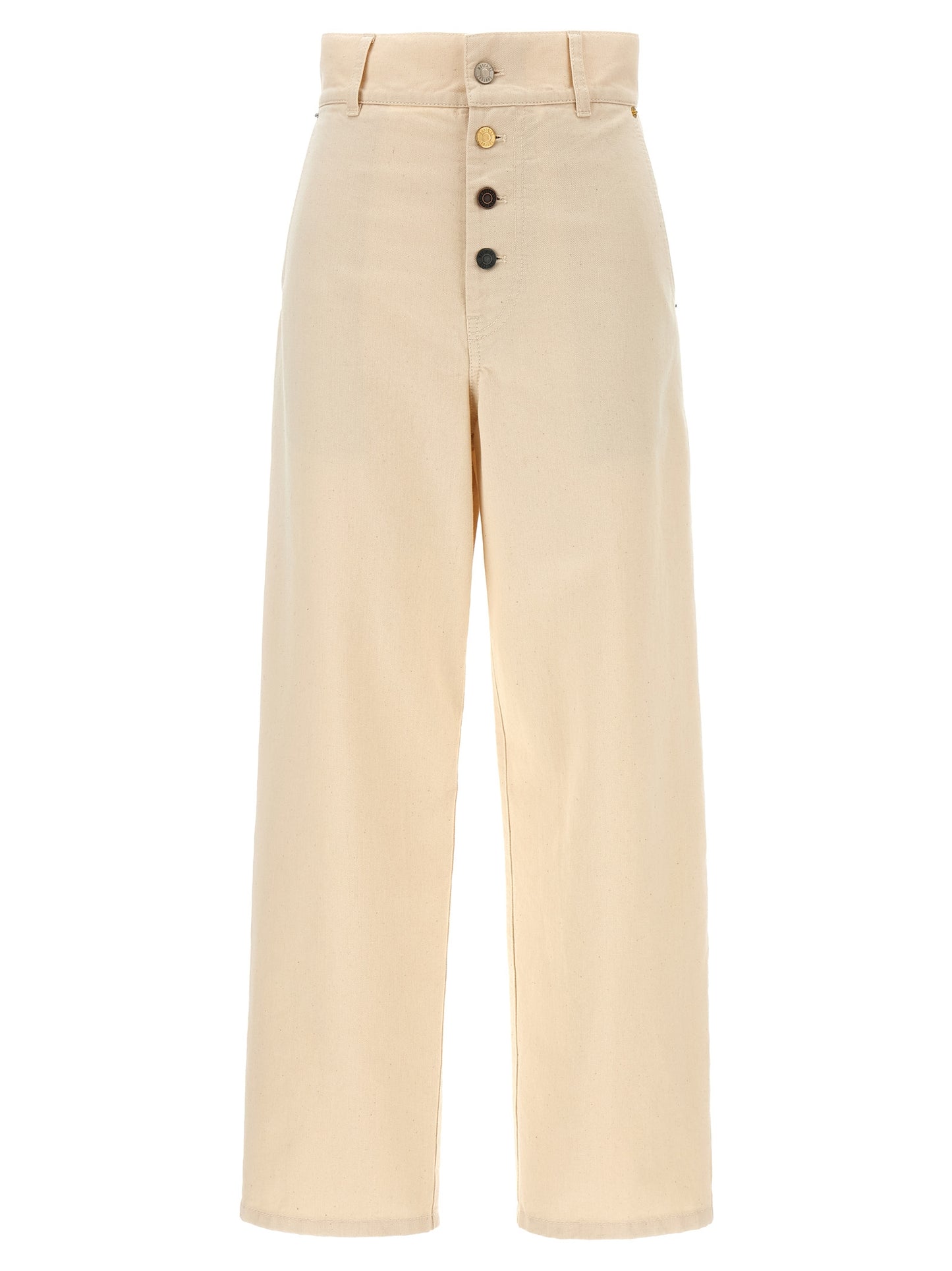 Chinos Pants by Moschino for women in leather & cotton beige features an perennial and long, expertly tailored with a perennial for a refined silhouette.