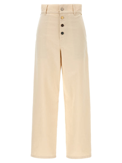 Chinos Pants by Moschino for women in leather & cotton beige features an perennial and long, expertly tailored with a perennial for a refined silhouette.