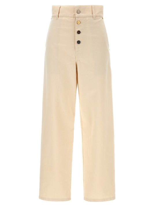 Chinos Pants by Moschino for women in leather & cotton beige features an perennial and long, expertly tailored with a perennial for a refined silhouette.