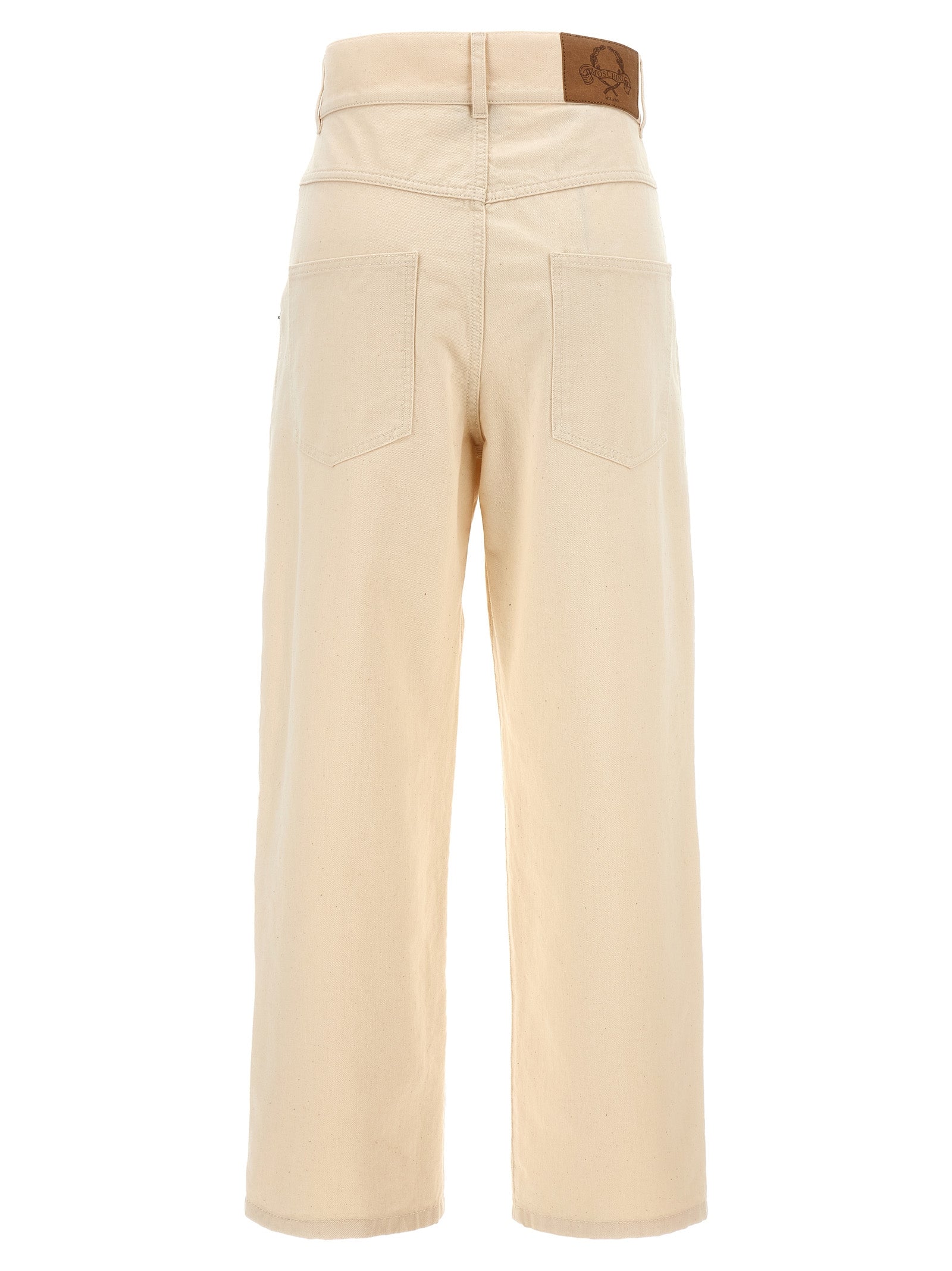 Chinos Pants by Moschino for women in leather & cotton beige presents a sartorial luxe silhouette, showcasing a sophisticated with a long and for a premium, sartorial luxe finish.